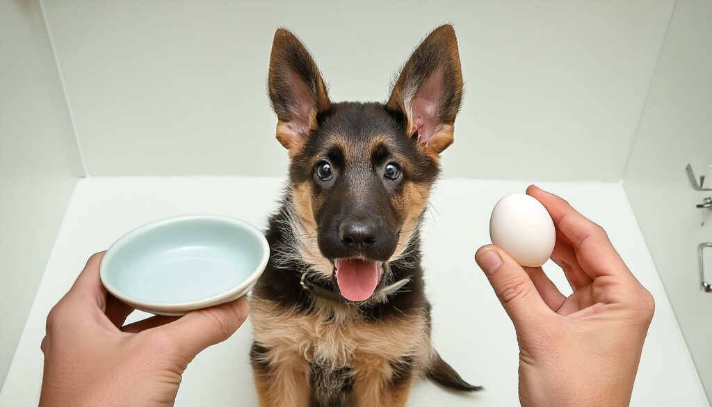 German Shepherd puppy boiled eggs